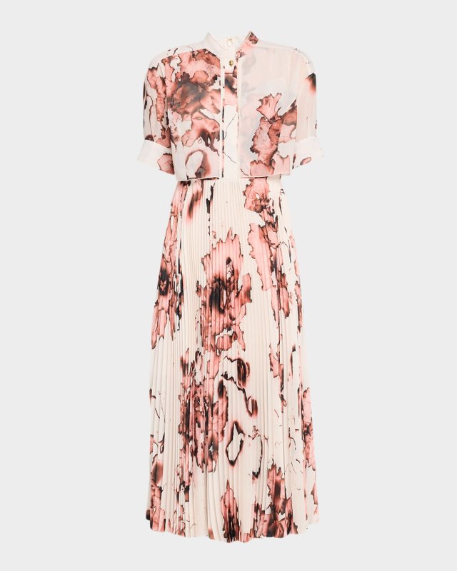 Printed Chiffon Short-Sleeve Pleated Midi Dress